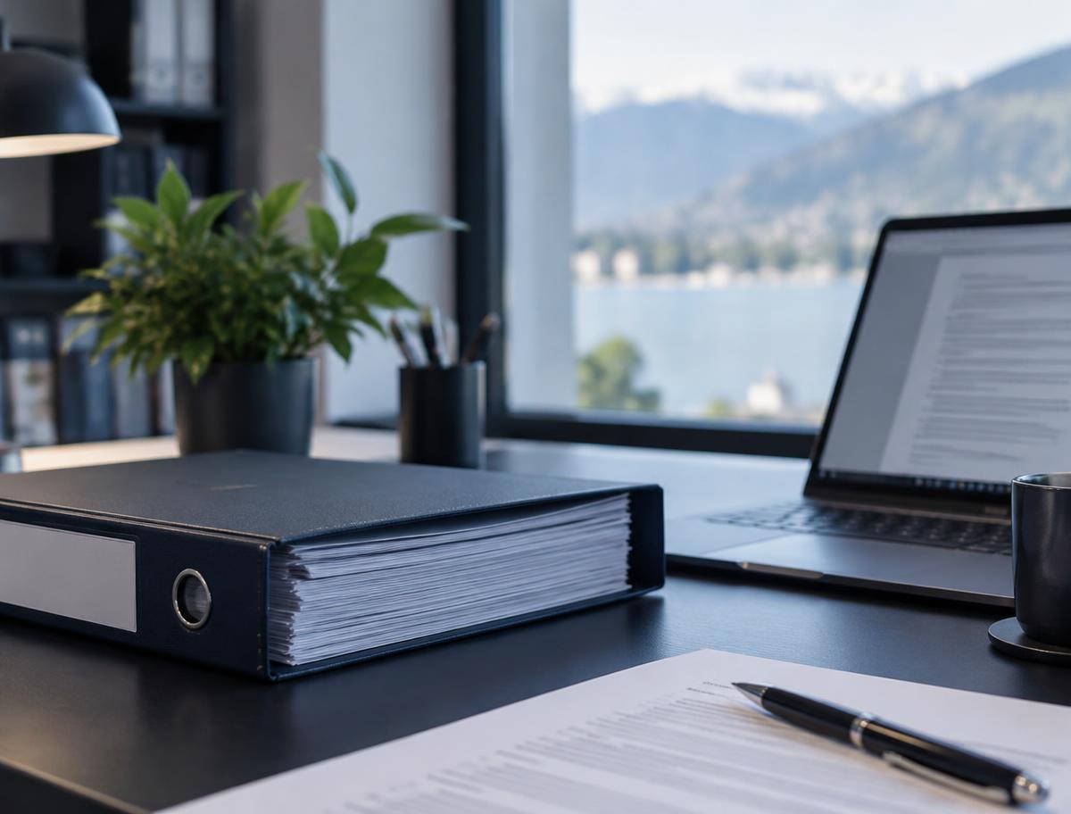 Bureau d'une PME suisse consultant ses documents de conformité